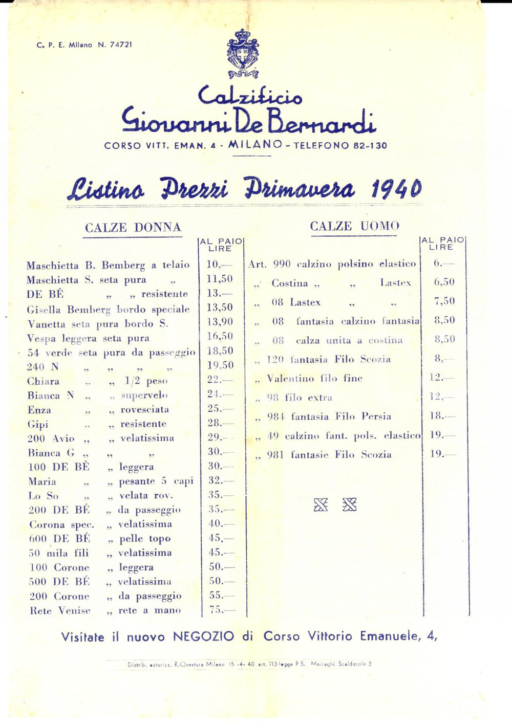 Materiale pubblicitario d’epoca 1940 MILANO C.so Vittorio Emanuele 4 Calzificio Giovanni DE BERNARDI Listino 1