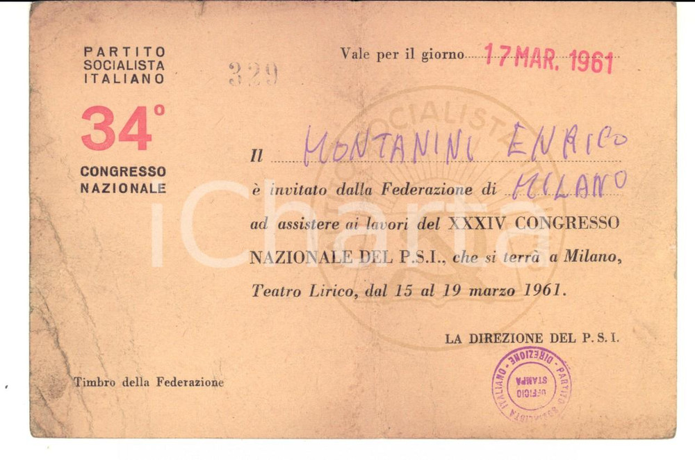 Materiale pubblicitario d’epoca 1961 PARTITO SOCIALISTA Invito al 34Â° Congresso Nazionale DANNEGGIATO 1