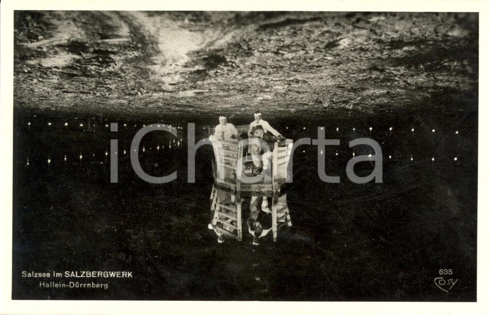 Cartolina originale da collezione 1930 ca HALLEIN (AUSTRIA) Lago di sale nella miniera di DURRNBERG *Animata FP NV 1