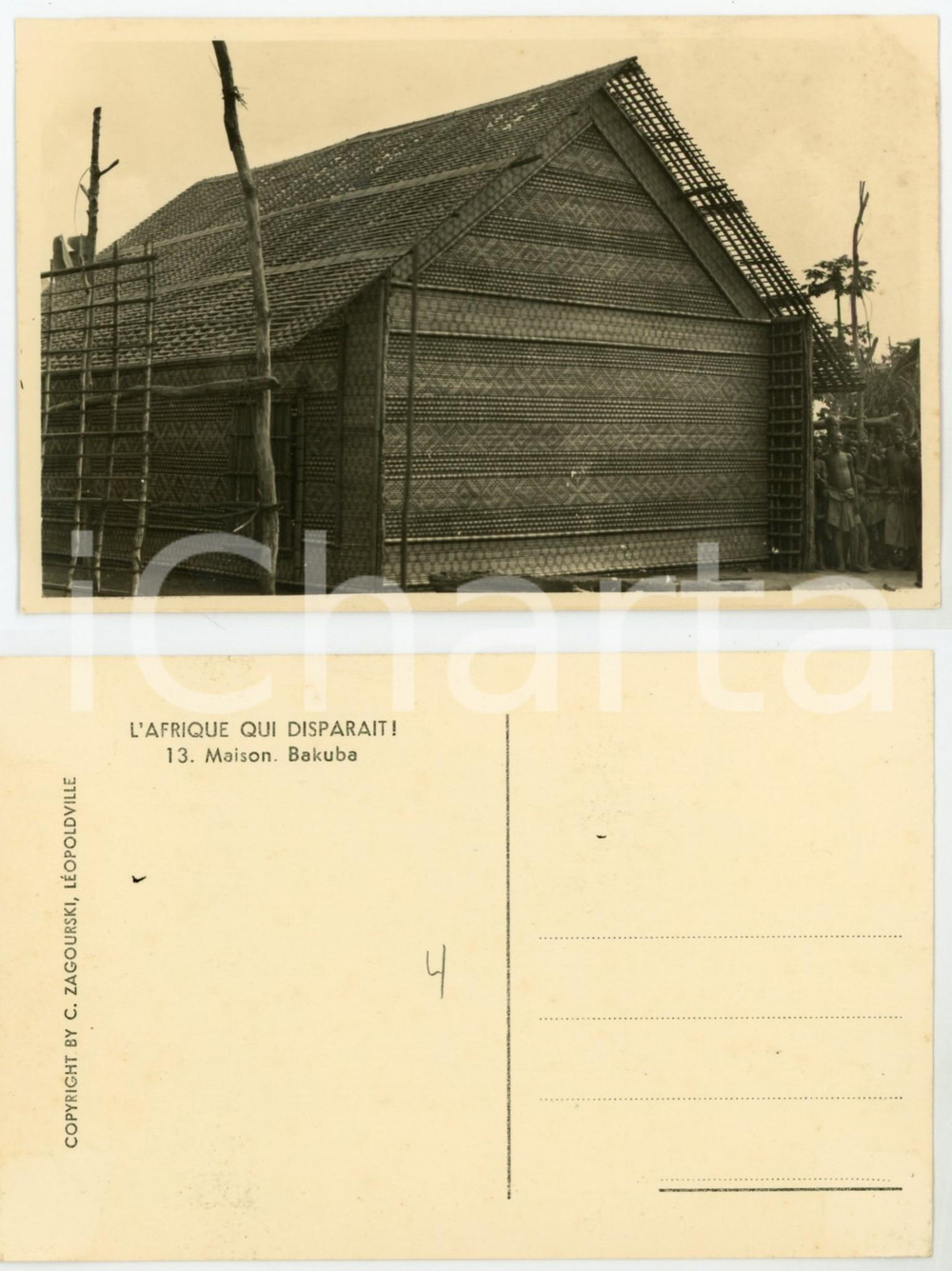 1930 ca Casimir ZAGOURSKI «L'Afrique qui disparaît» Maison BAKUBA *Carte postale  Fotocartolina postale d'epoca, appartenente alla serie &laquo;L'Afrique qui dispara&icirc;t&raquo; del fotografo Casimir Zagourski (L&eacute;opoldville).Non viaggiata.CONDIZIONI: GFORMATO: 14x9 cm    originale e autentica 1