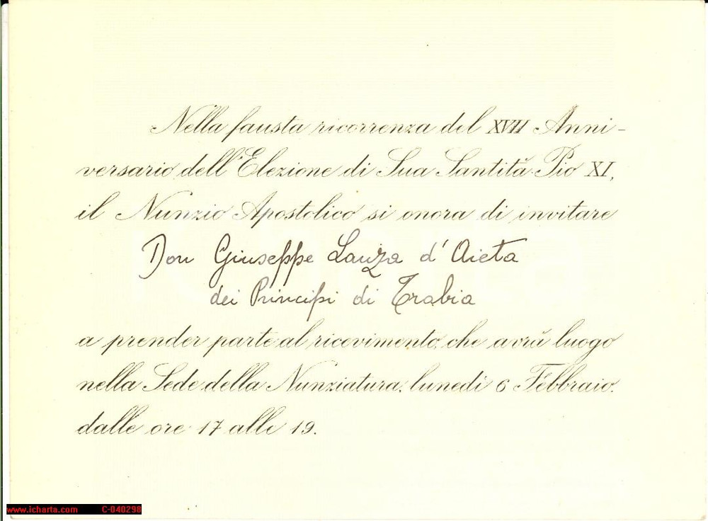 Documento originale, autentico 1939 Invito Giuseppe LANZA D AIETA ricevimento PIO XI 1