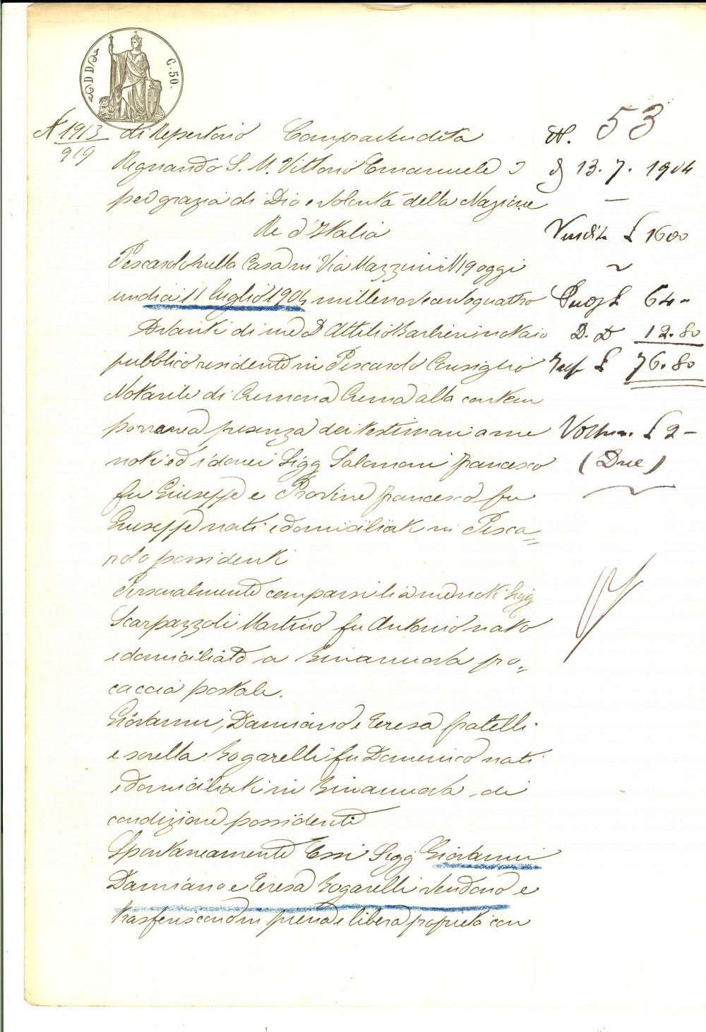 Documento originale, autentico 1904 BINANUOVA CR Fratelli BOGARELLI vendono campo a Martino SCARPAZZOLI 1