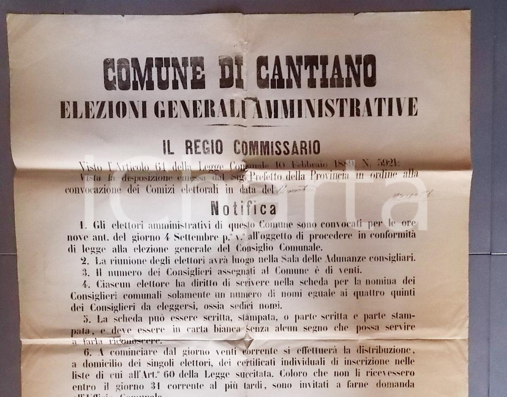 Documento originale, autentico 1892 CANTIANO PU Elezione generale del Consiglio Comunale Manifesto 65 x 90 1