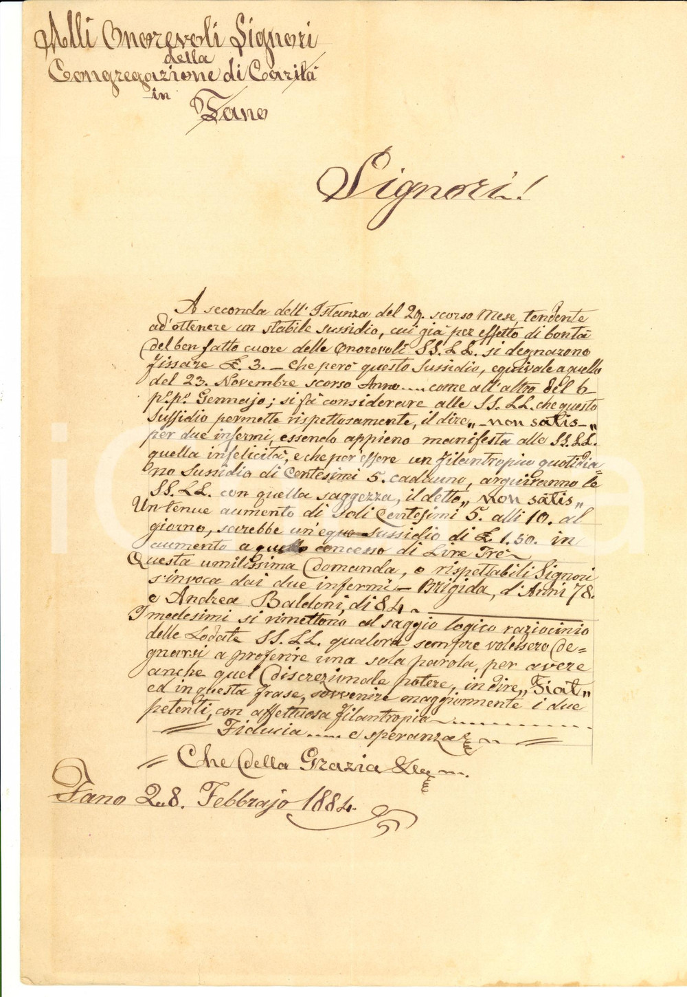 Documento originale, autentico 1884 FANO (PU) Sussidio caritativo a Brigida e Andrea BALDONI 1