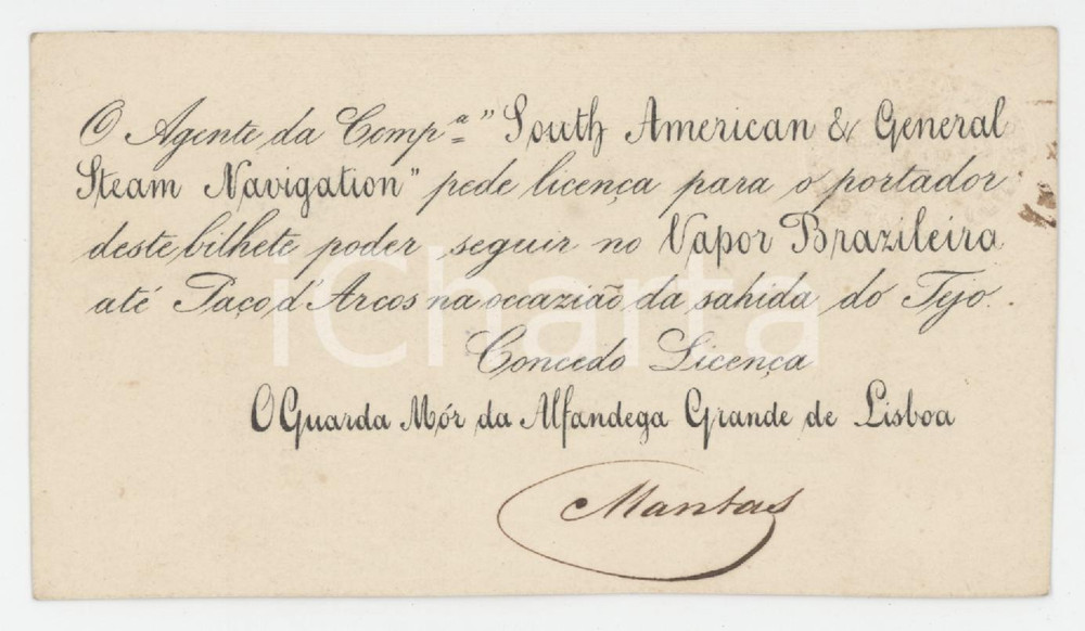 1900 ca LISBOA Licenca par SOUTH AMERICAN & GENERAL STEAM NAVIGATION Bilhete Tessera d'epoca con timbro a secco. FAIR/discreto Piccola macchia al margine destro Formato: 11x6 cm originale e autentica 1