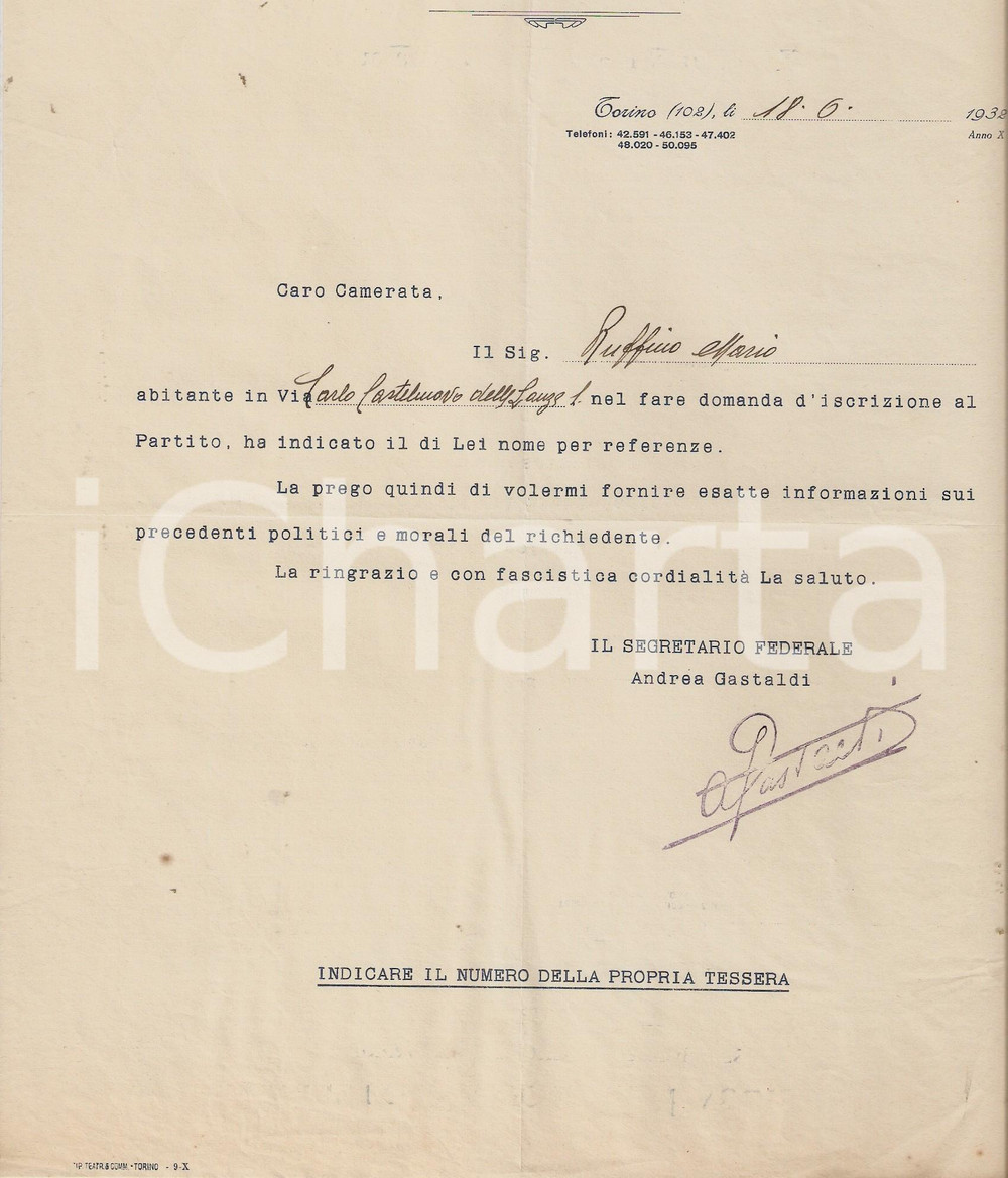 Manoscritto, lettera originale 1932 PNF TORINO Lettera al referente di Mario RUFFINO su iscrizione al partito 1