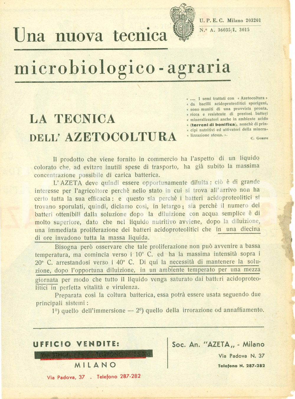 Materiale pubblicitario d’epoca 1930 ca MILANO SocietÃ  AZETA Tecnica agraria Azetocoltura ILLUSTRATO 1