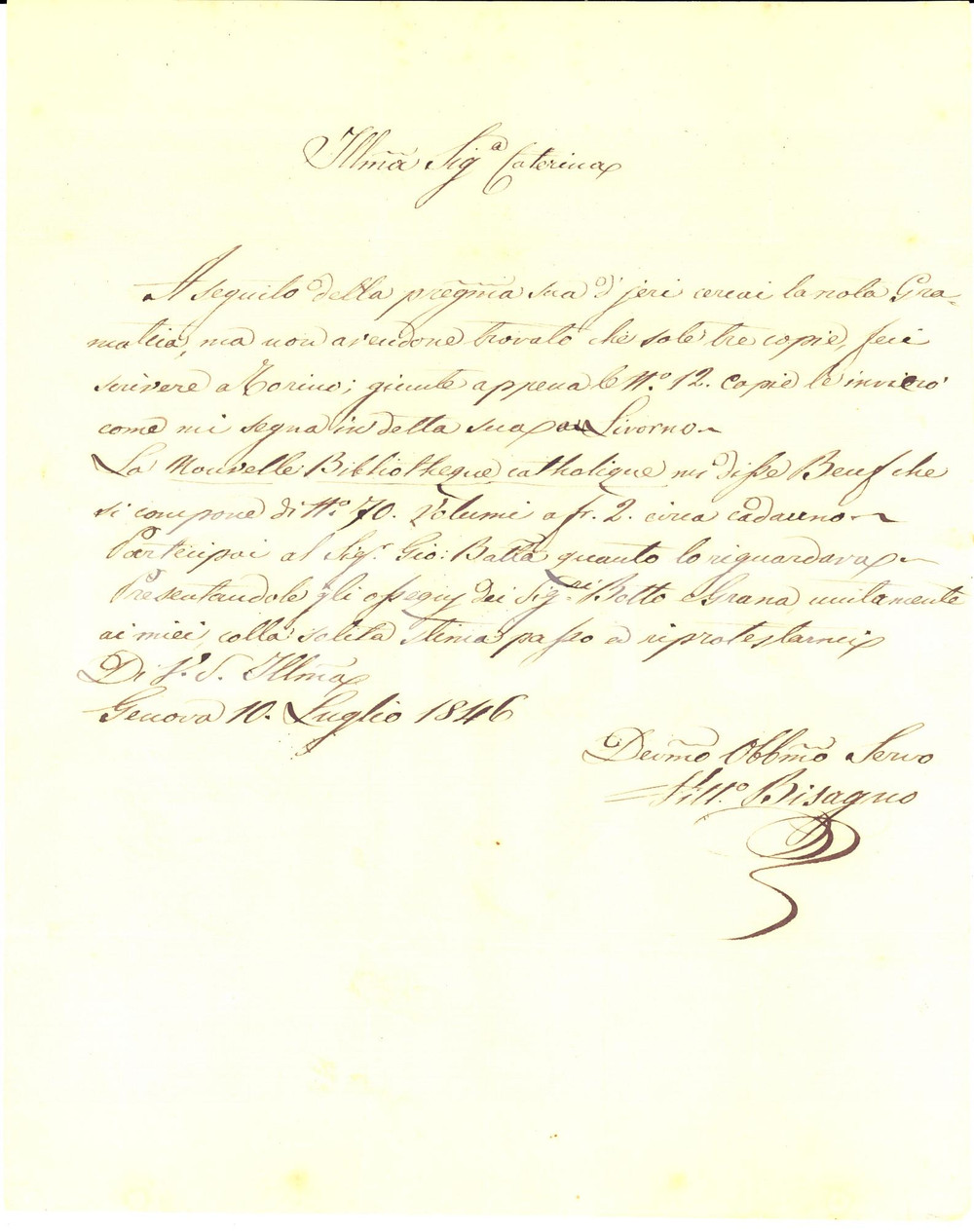 Documento originale, autentico 1846 GENOVA Vittorio BISAGNO cerca grammatica per Caterina NEGROTTO CAMBIASO 1