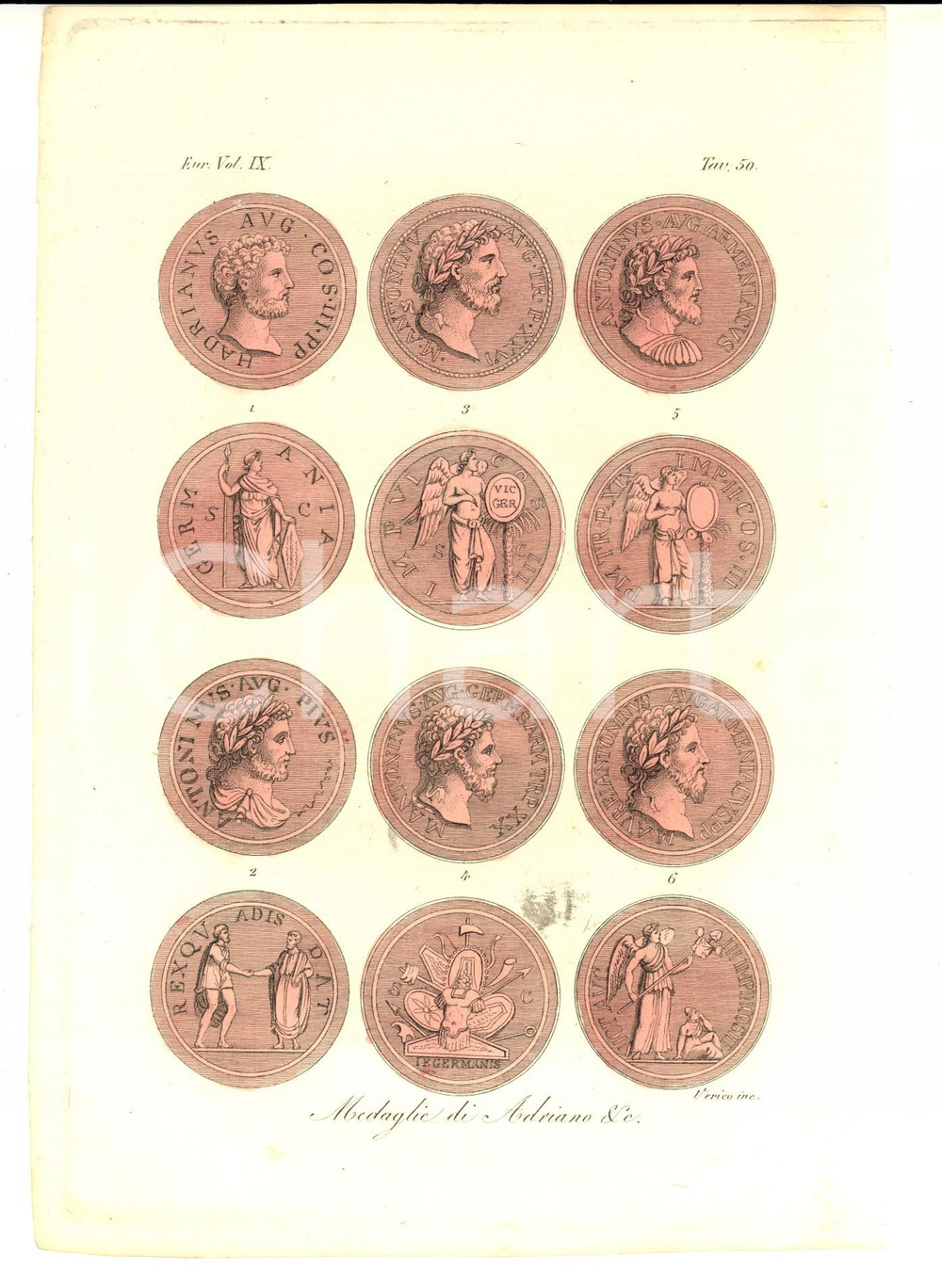 Stampa, bozzetto originale 1830 ca FERRARIO COSTUME EUROPA Medaglie di Adriano Inc. VERICO Colorata a mano 1