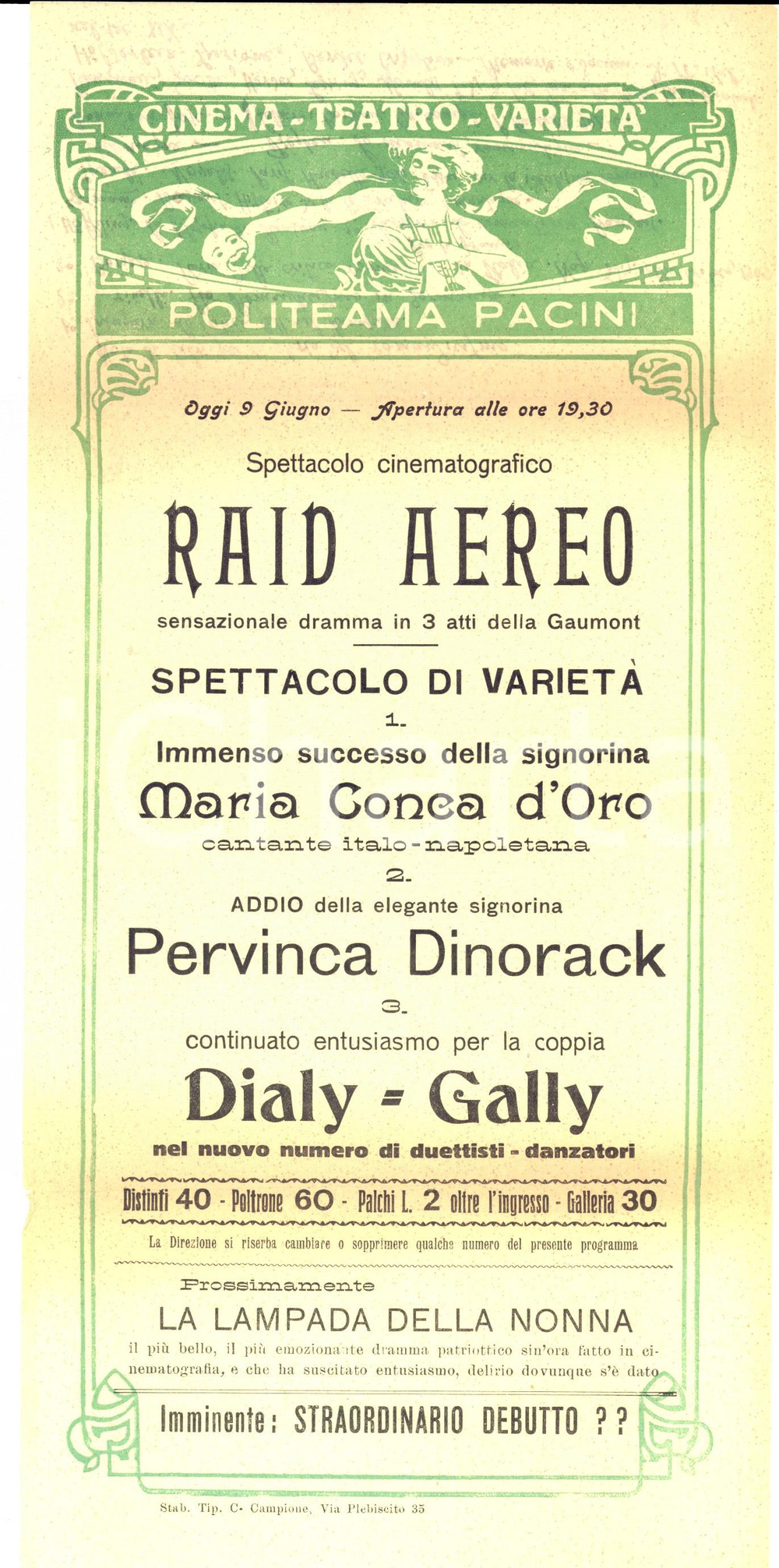 Materiale pubblicitario d’epoca 1920 ca CATANIA Politeama PACINI Raid aereo  Pervinca DINORACK Locandina 35x17 1