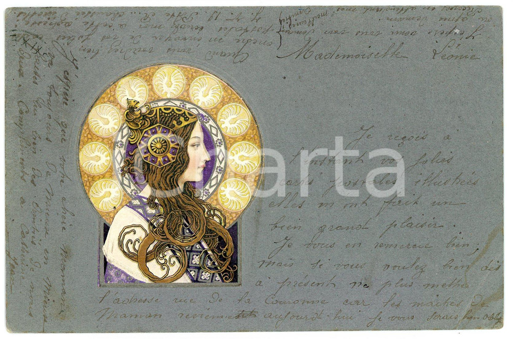 1902 ART NOUVEAU Alphonse MUCHA - Lady - Illustrated embossed postcard (1)  Cartolina postale d'epoca, illustrata, a rilievo, viaggiata.CONDIZIONI: FAIR (piegatura angolare)FORMATO: FP    originale e autentica 1