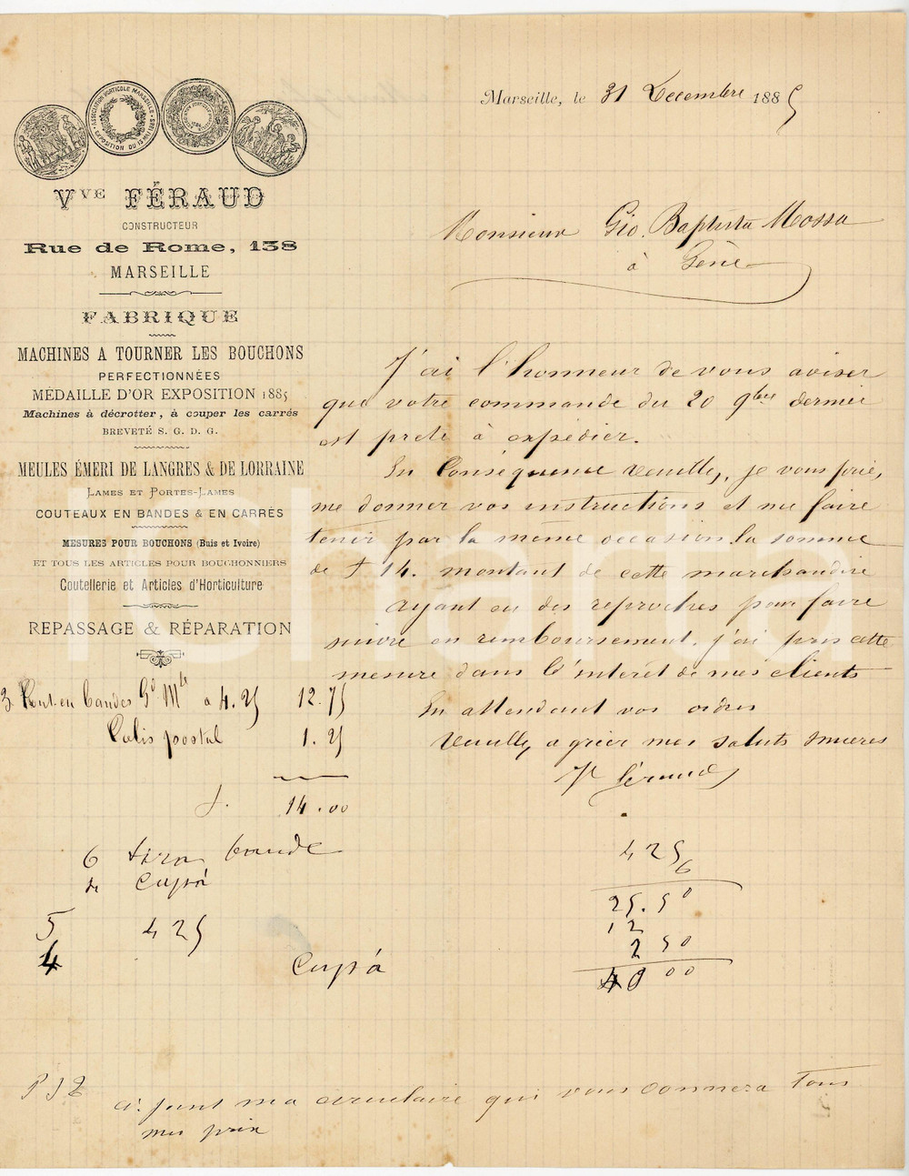 1885 MARSEILLE Veuve FERAUD - Machines pour bouchons - Lames - Lettre entÃªte Lettera commerciale d'epoca, manoscritta, su carta intestata.CONDIZIONI: F (piegature d'epoca).PAGINE: 1    originale e autentica 1