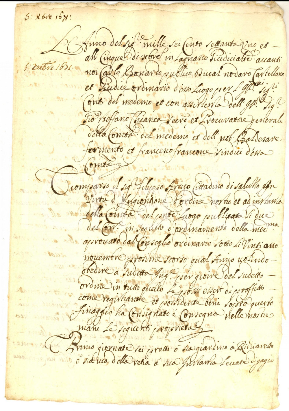 Documento originale, autentico 1671 LAGNASCO CN Sottomissione Filippo ARRIGO per pagamento carichi su fondo 1