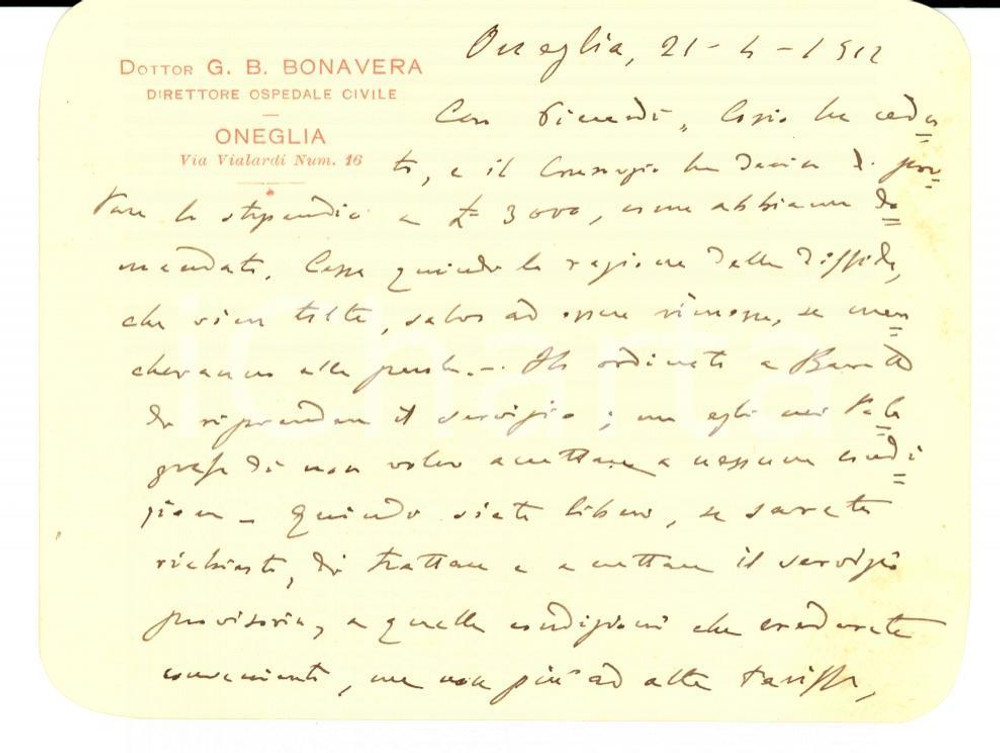 Autografo originale 1912 ONEGLIA (IM) Giovanni Battista BONAVERA direttore Ospedale *Autografo 1