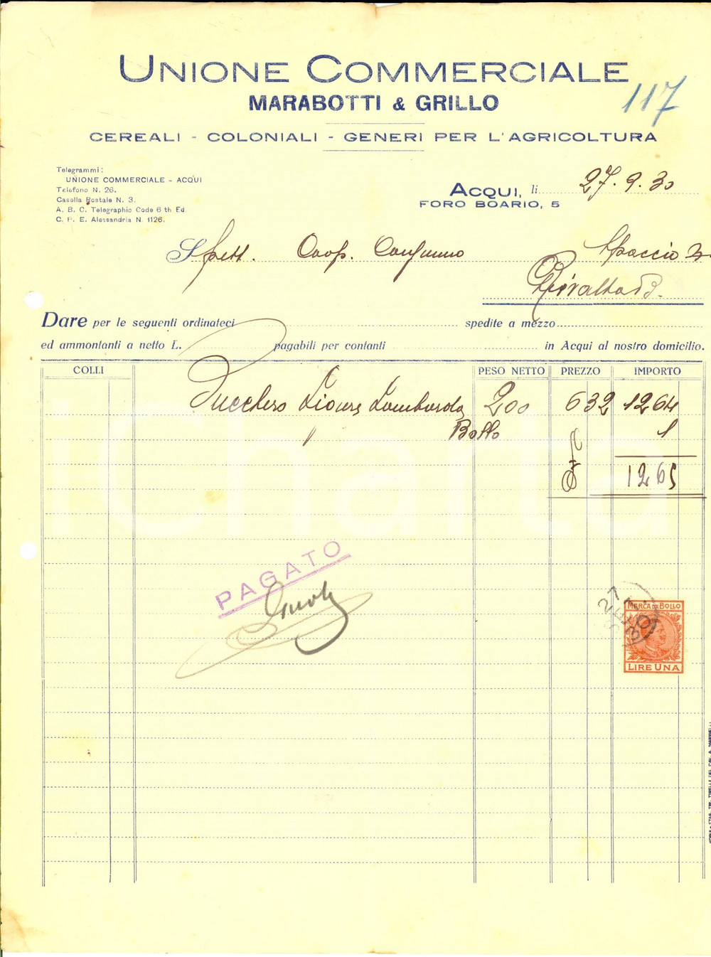 Documento originale, autentico 1930 ACQUI TERME Unione Commerciale MARABOTTI & GRILLO Fattura intestata 1