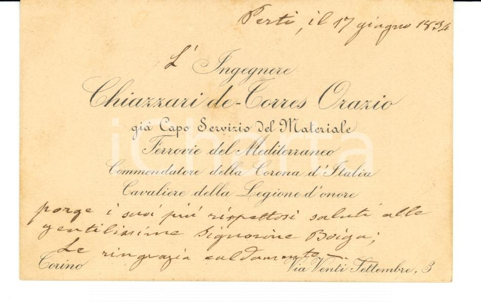 Oggetto da collezione cartaceo 1894 PERTI SV Biglietto da visita ing. Oreste CHIAZZARI DE TORRES Autografo 1