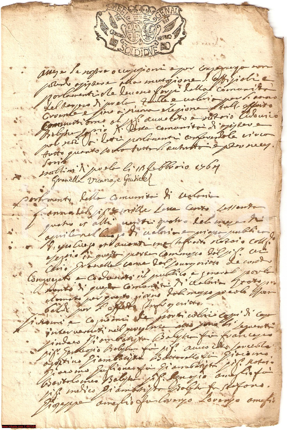 Documento originale, autentico 1764 VALLORIA (IM) Conferma del sindaco Giambattista BALESTRA *Manoscritto 1