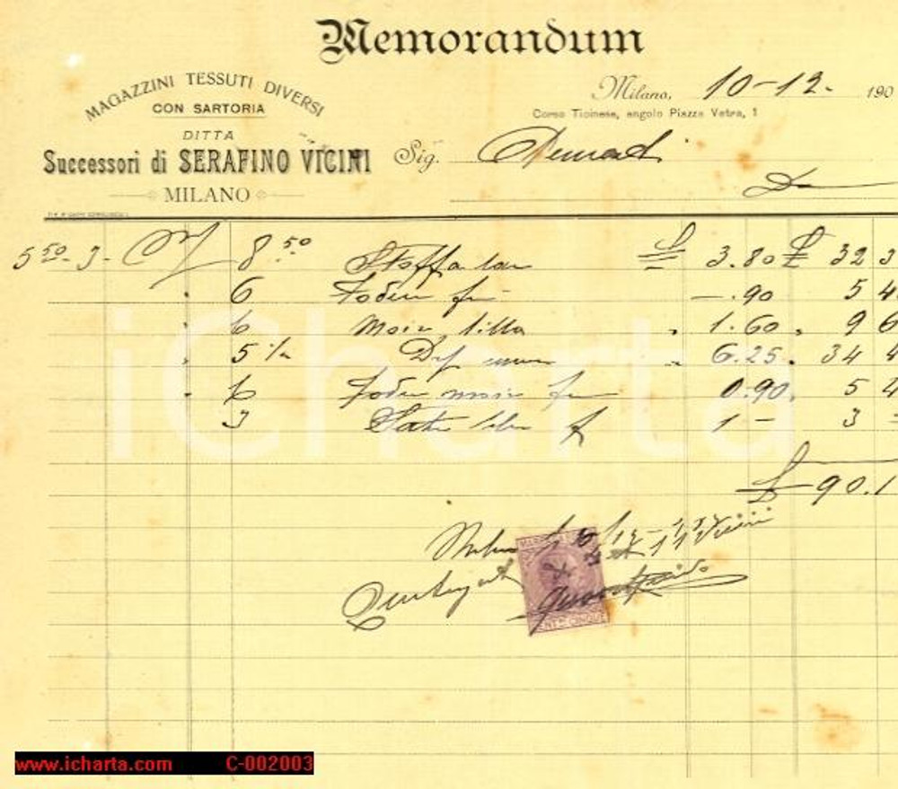 Documento originale, autentico 1903 MILANO Corso TICINESE Ditta Serafino VICINI Magazzini tessuti Memorandum 1