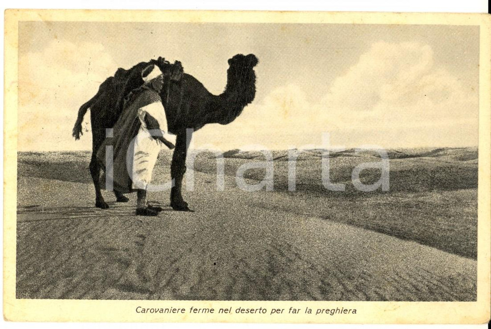 Cartolina originale da collezione 1939 TOBRUCH LIBIA Carovaniere nel deserto per preghiera Cartolina DANNEGGIATA 1