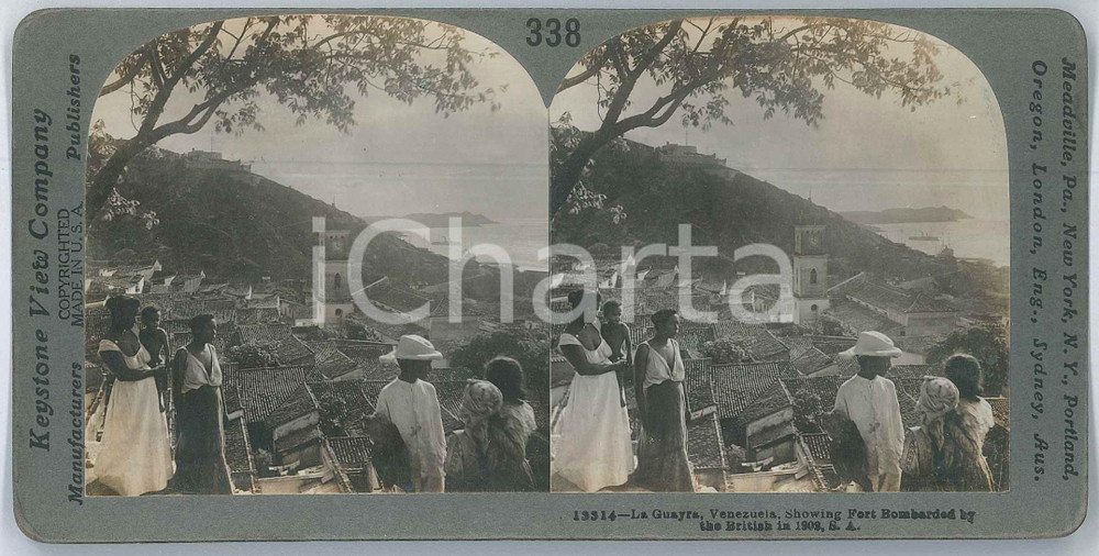 1910 ca LA GUAYRA (VENEZUELA) Showing Fort Bombarded by the British *Stereoview Fotografia stereoscopica d'epoca, su cartoncino rigido, n&deg; 13314 .EDITORE: Meadville, Pa. - Keystone View Company  GOOD/buono  Formato: 18x9 cm originale e autentica 1