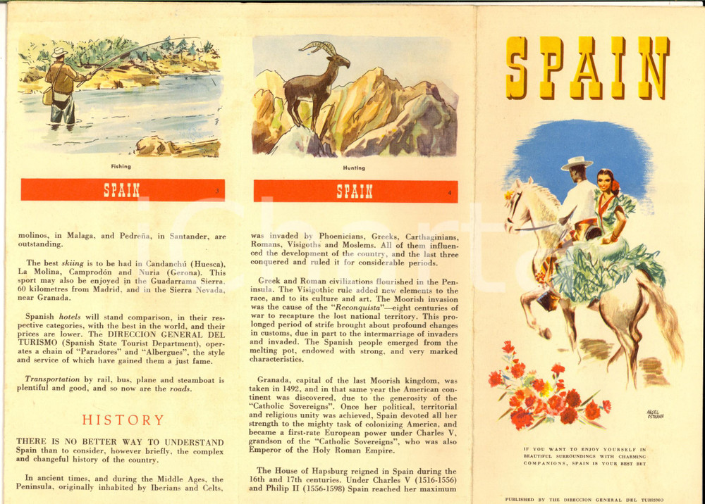 Materiale pubblicitario d’epoca 1955 ca SPAIN Pieghevole illustrato Direccion General del Turismo English 1