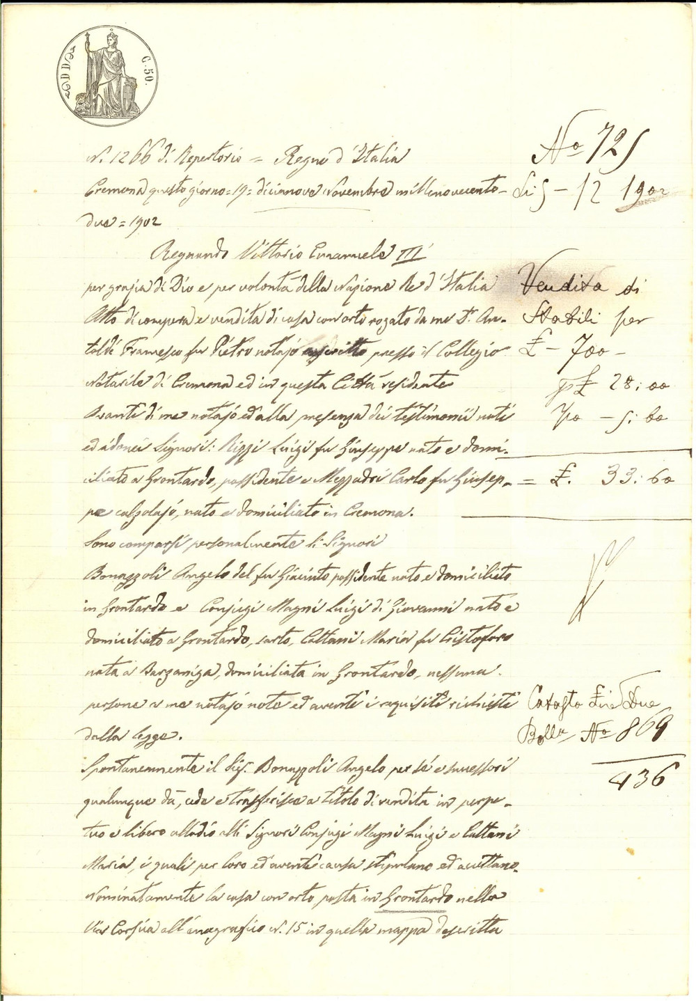Documento originale, autentico 1902 GRONTARDO CR Angelo BONAZZOLI  vende casa con orto ai coniugi MAGNI 1