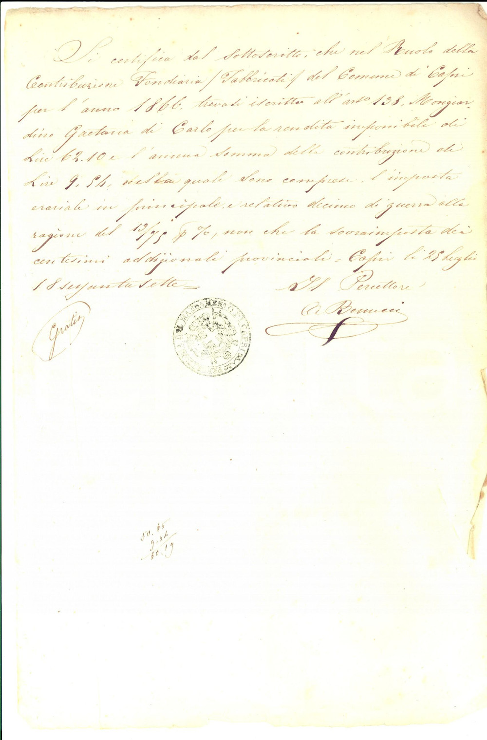 Documento originale, autentico 1867 CAPRI NA Iscrizione di Gaetana MONGIARDINO per contribuzione fondiaria 1