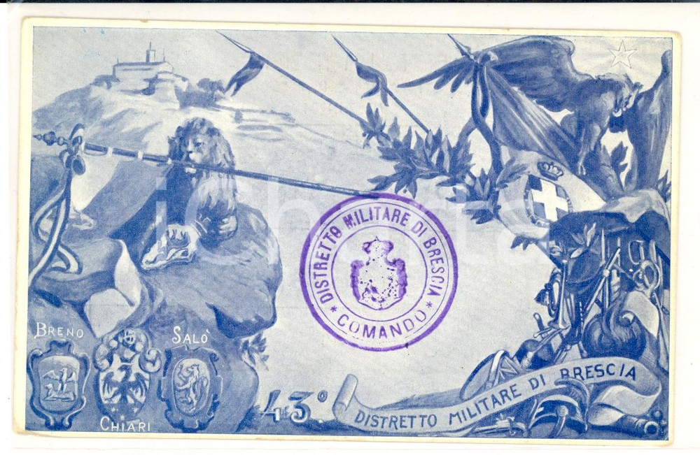 Cartolina originale da collezione 1904 Distretto Militare di BRESCIA 43Â° Cartolina postale allegorica FP NV 1
