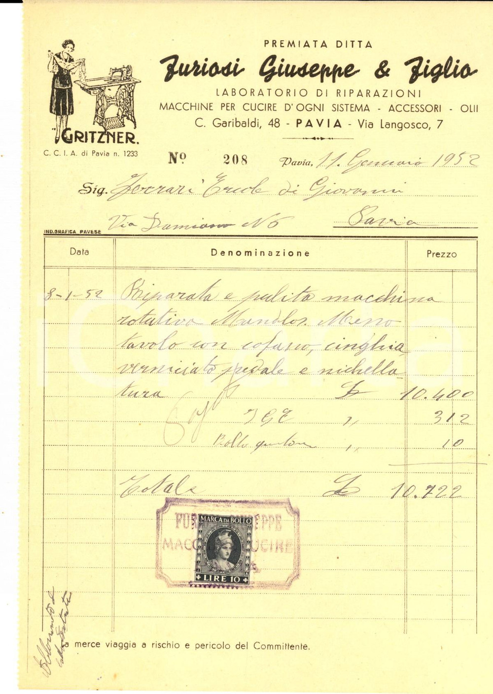 Documento originale, autentico 1952 PAVIA Ditta FURIOSI Giuseppe  Riparazioni macchine per cucire Fattura 1