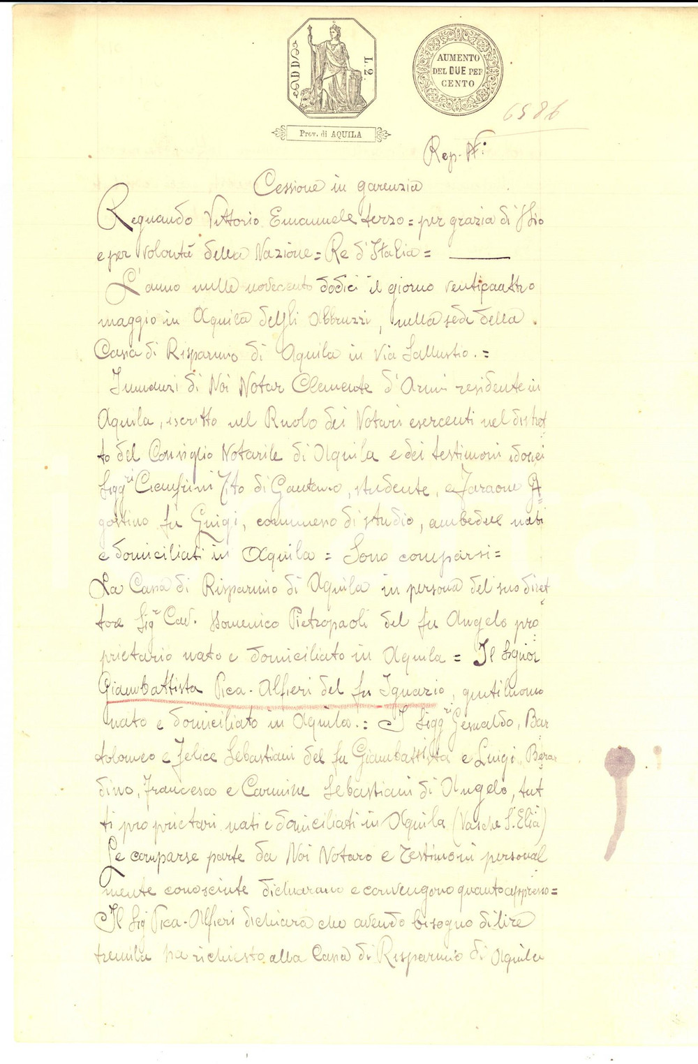 Documento originale, autentico 1912 L AQUILA Giambattista PICA ALFIERI debitore della Cassa di Risparmio 1