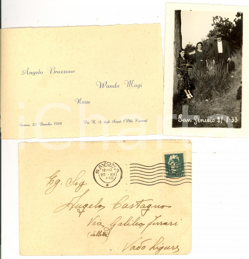 Oggetto da collezione cartaceo 1934 SAVONA Nozze Angelo BRUZZONE Wanda MAGI con foto SAN GENESIO 1