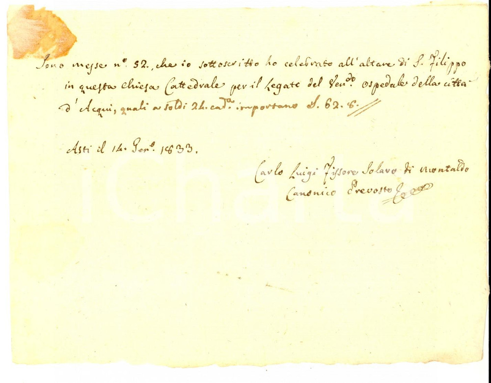 Documento originale, autentico 1833 ASTI Ricevuta canonico Carlo Luigi FISSORE SOLARO DI MONTALDO per Messe 1