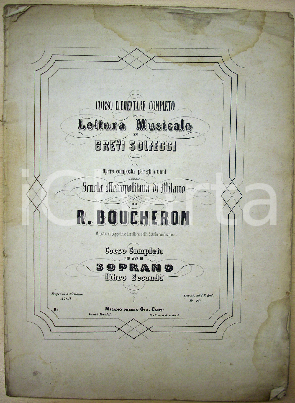 Oggetto da collezione cartaceo 1850 ca Raimondo BOUCHERON Corso di lettura musicale 1