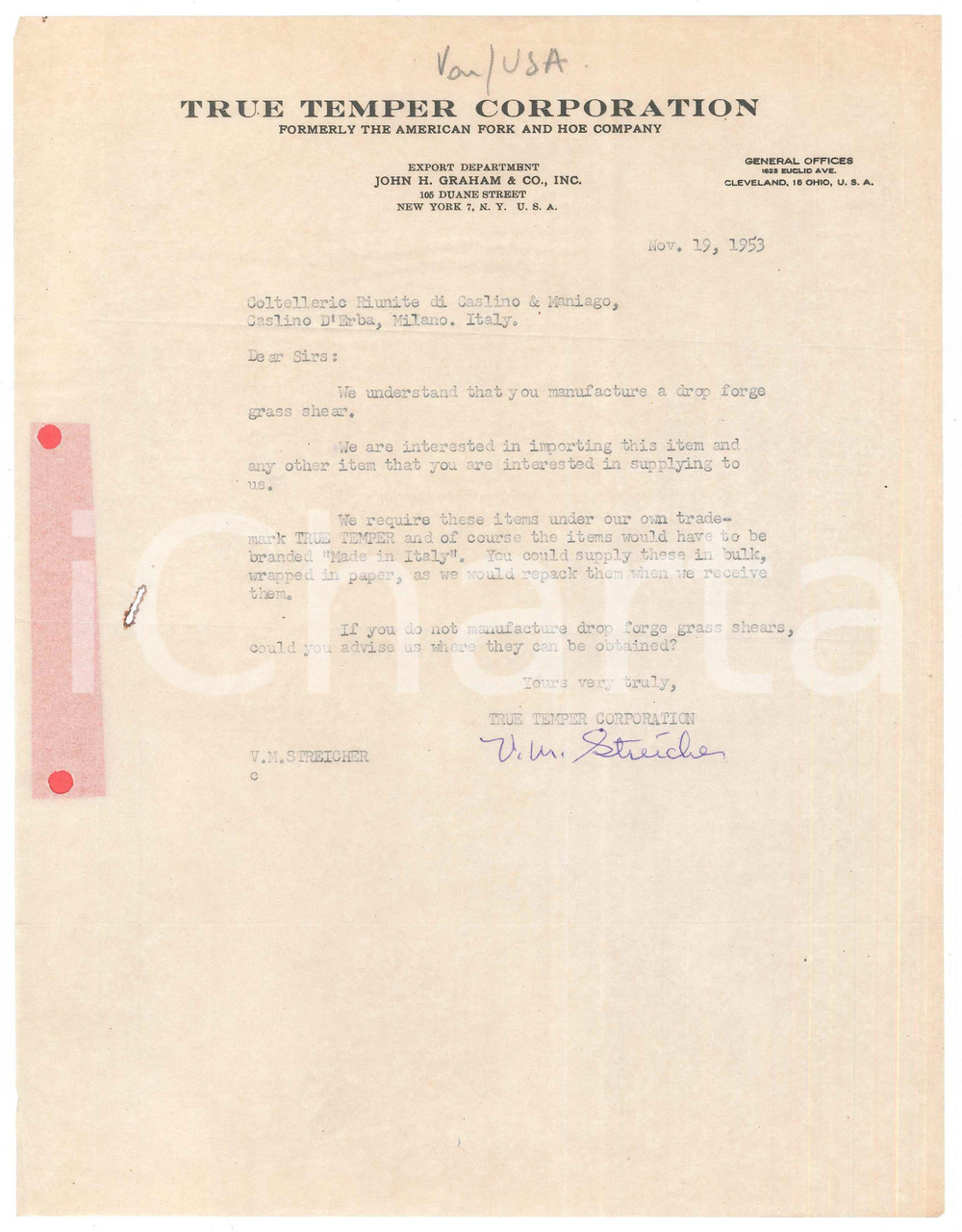 1953 NEW YORK - TRUE TEMPER Corporation - Lettera commerciale (2) Lettera commerciale dattiloscritta, su carta intestata, viaggiata.PAGINE: 1 CONDIZIONI:POOR/danneggiato piegature d'epoca; fori da classificatore; piccolo strappo centrale originale e autentica 1