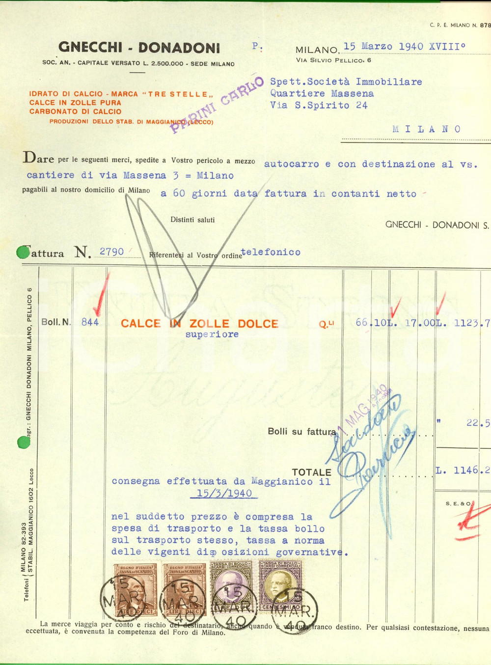 Documento originale, autentico 1940 MILANO Via Silvio Pellico 6 GNECCHI DONADONI Calce in zolle dolce Fattura 1