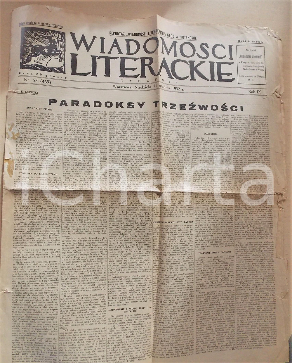 Giornale, rivista storica 1932 WIADOMOSCI LITERACKIE Paradoksy Trzezwosci Giornale anno IX nÂ° 52 1