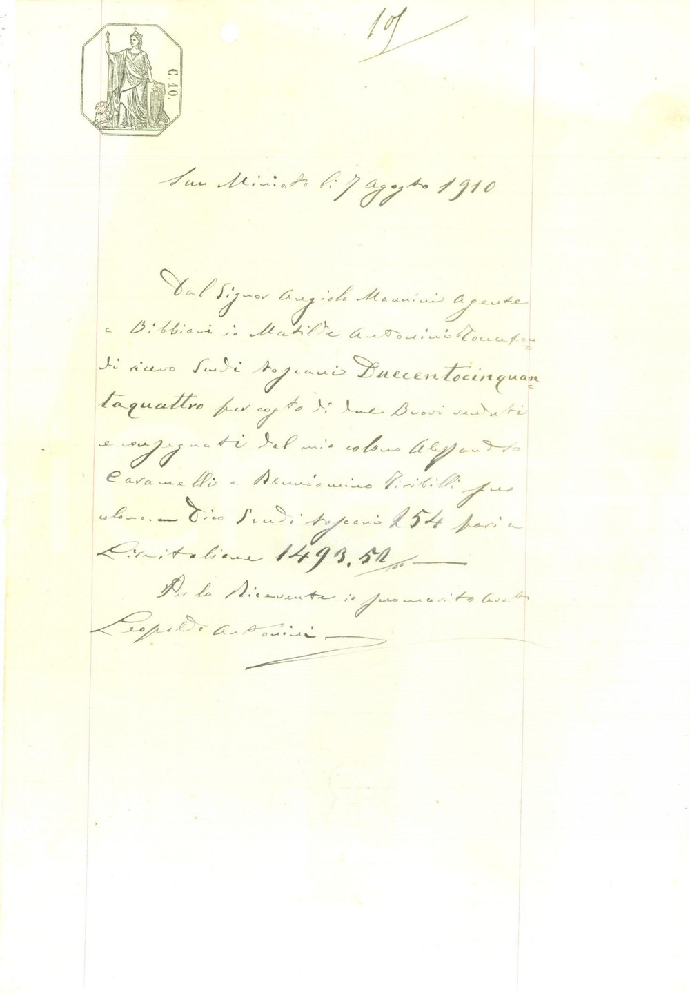 Documento originale, autentico 1910 SAN MINIATO PI Matilde ANTONINI vende buoi al colono Alessandro CARAMELLI 1