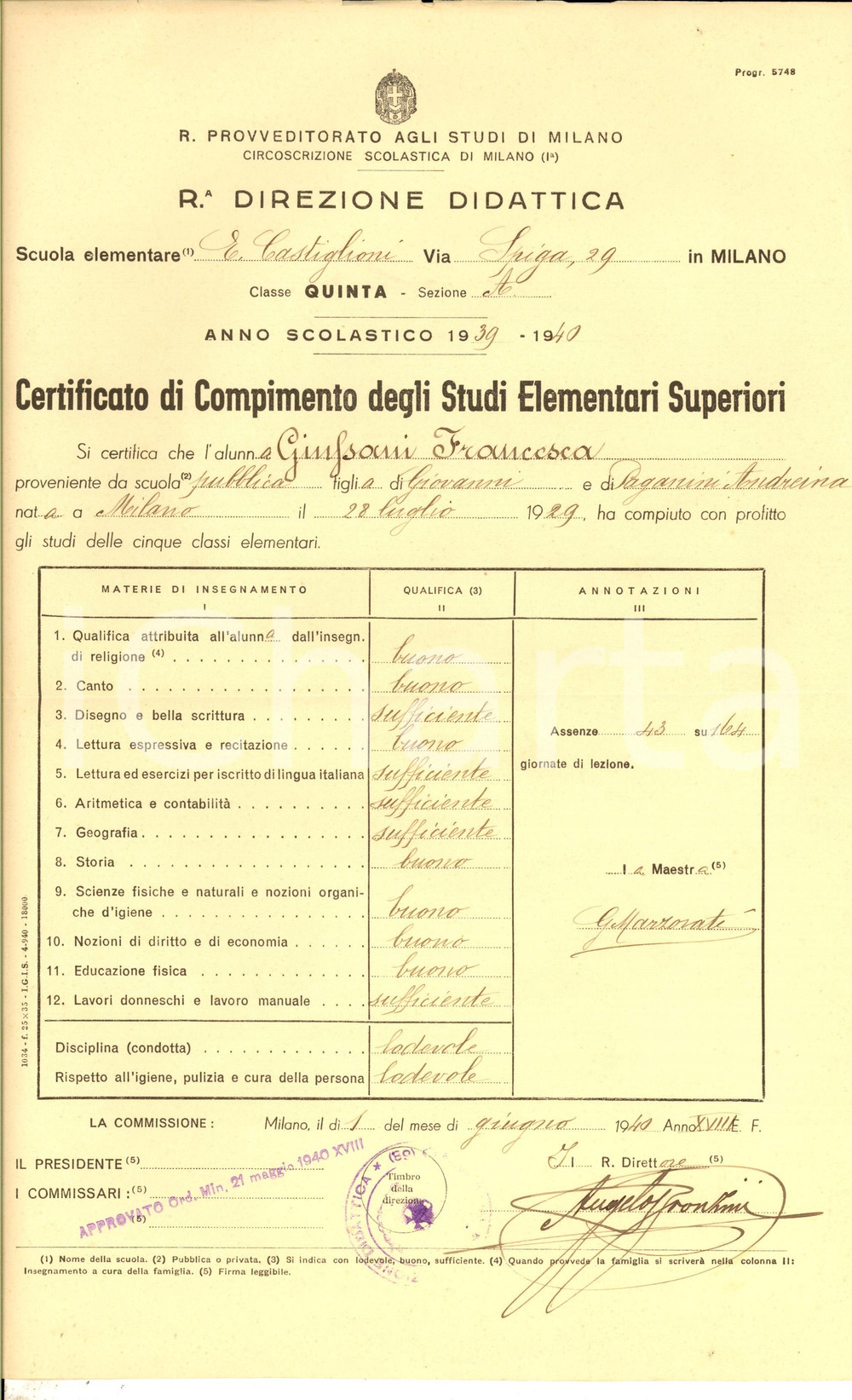 Oggetto da collezione cartaceo 1940 MILANO Scuola elemenatre CASTIGLIONI - Certificato di Francesca GIUSSANI 1