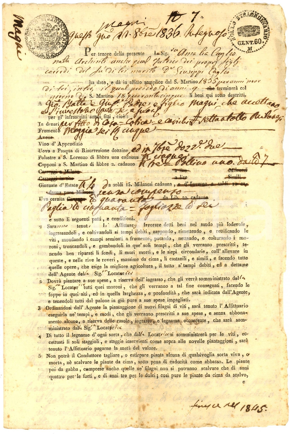 Documento originale, autentico 1835 MILANO Patti agrari G. Battista e Giuseppe MAGNI 1