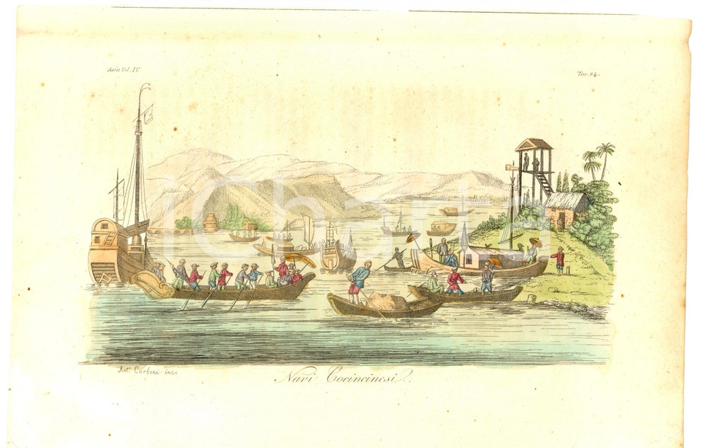 Stampa, bozzetto originale 1829 ASIA Navi cocincinesi Antonio CARBONI Incisore 1