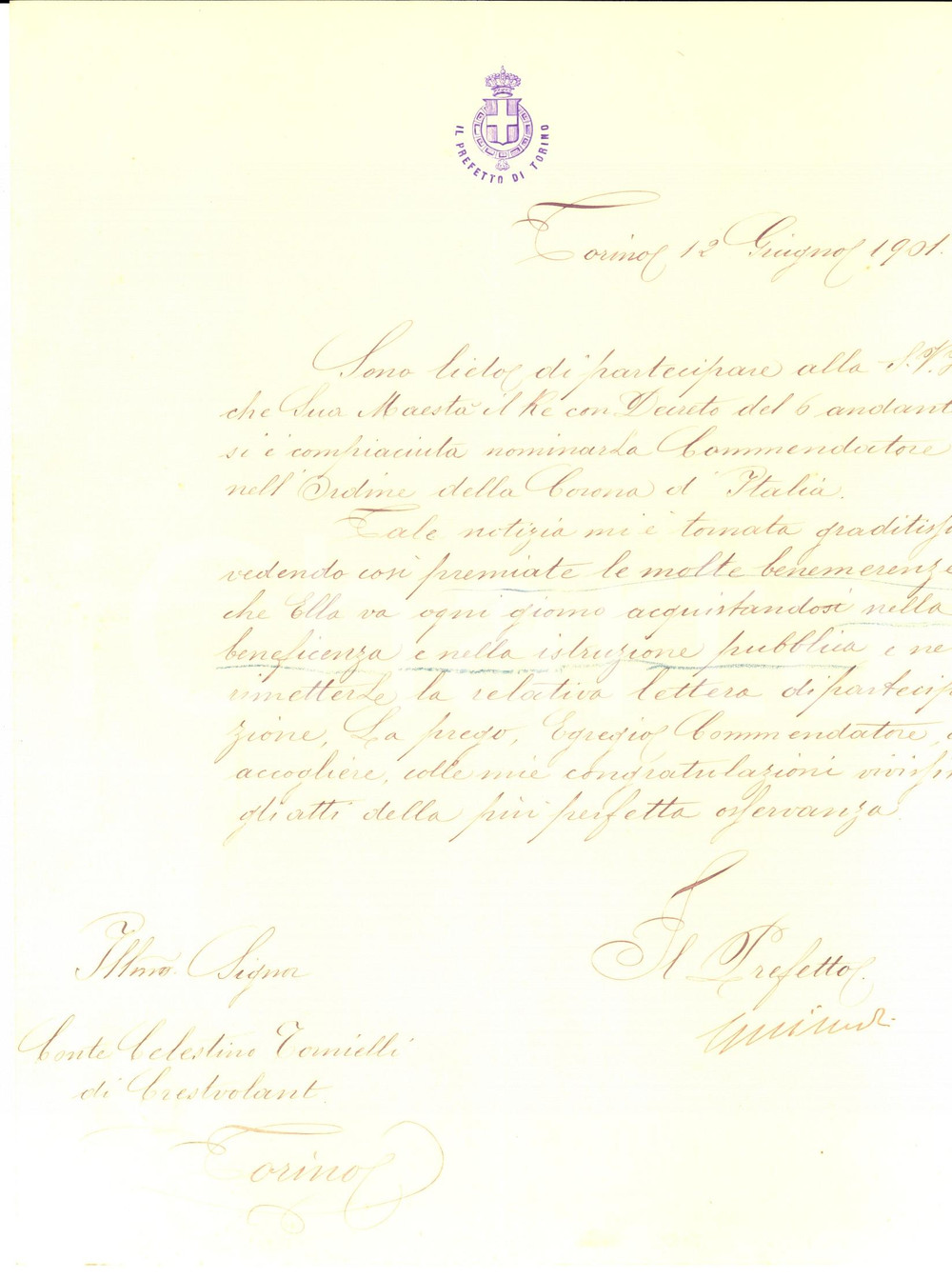 Autografo originale 1901 TORINO Nomina Celestino TORNIELLI Commendatore Ordine della CORONA D'ITALIA 1