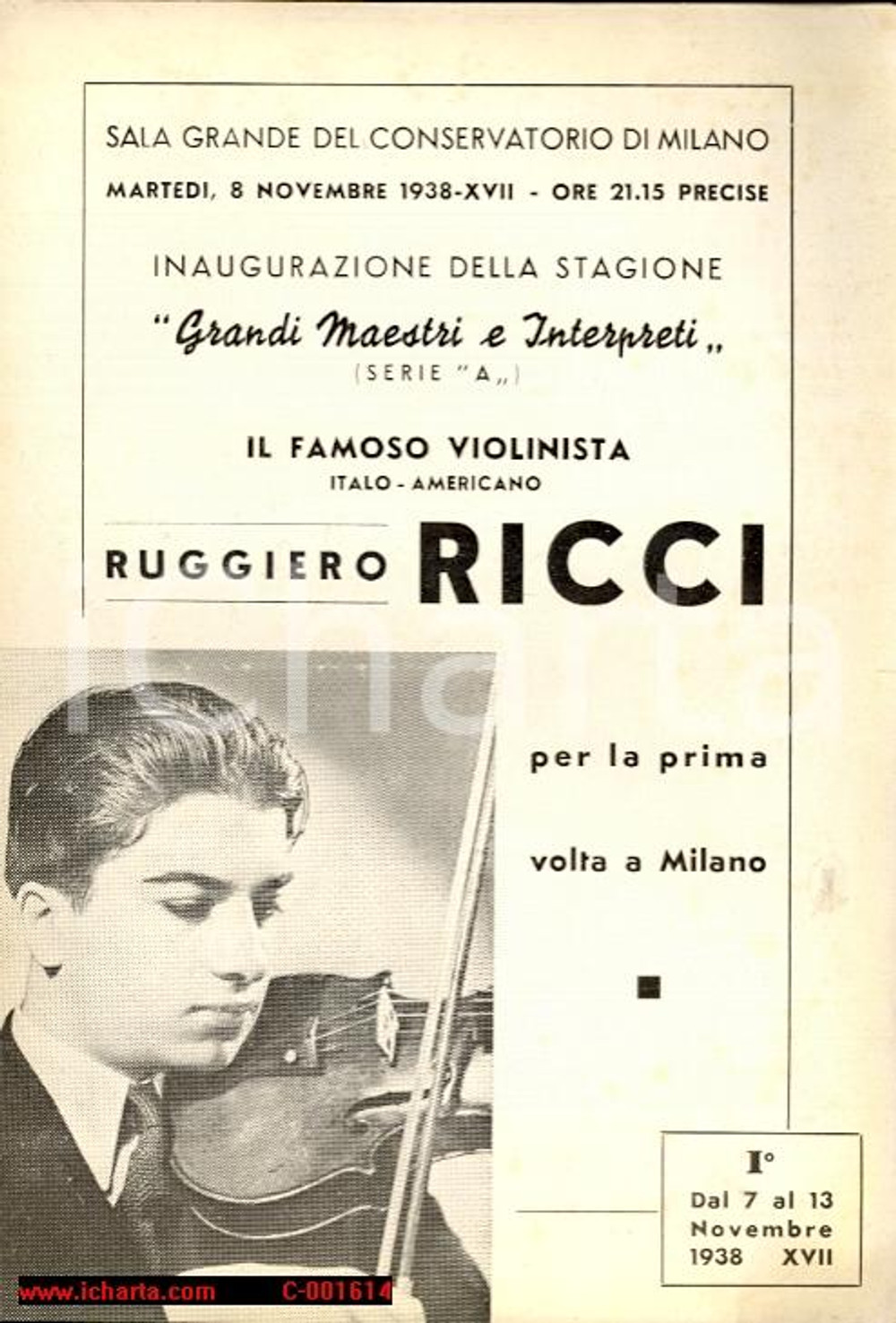 Materiale pubblicitario d’epoca 1938 MILANO Violinista RUGGIERO RICCI in concerto - Pieghevole 1