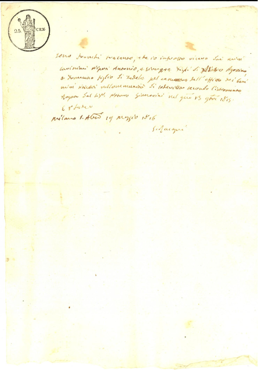 Documento originale, autentico 1816 MILANO Ricevuta Giuseppe Maria RACCAGNI ai nipoti Antonio e Giuseppe 1