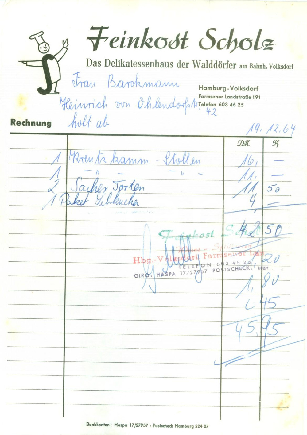 Materiale pubblicitario d’epoca 1964 HAMBURG (DE) Feinkost SCHOLZ Delikatessenhaus der WalddÃ¶rfer *Ricevuta 1
