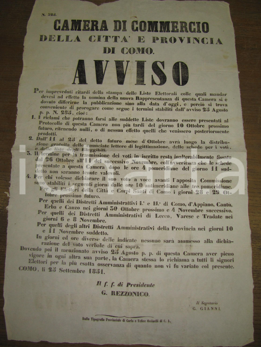 Oggetto da collezione cartaceo 1851 COMO elezione rappresentanti CAMERA DI COMMERCIO 1