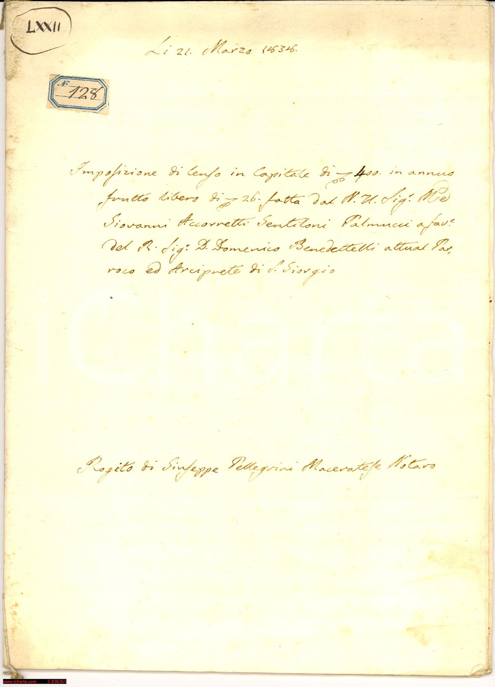 Documento originale, autentico 1838 FILOTTRANO (AN) Censo a don Domenico BENEDETTELLI 1