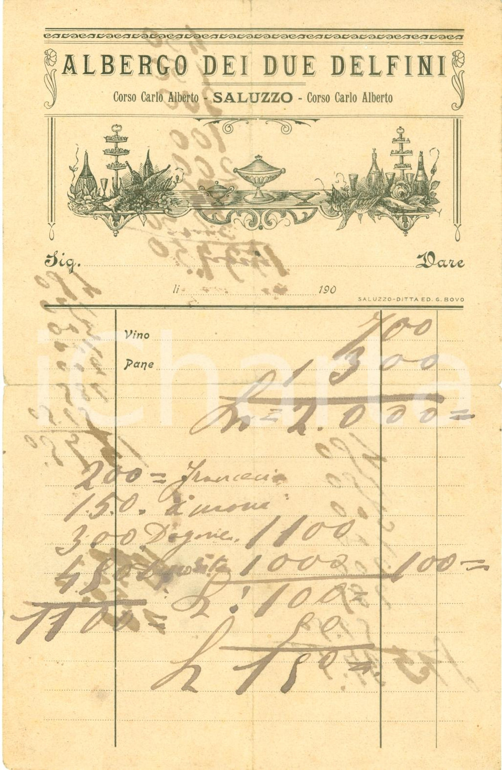 Documento originale, autentico 1900 ca SALUZZO CN Albergo DEI DUE DELFINI Fattura commerciale DANNEGGIATA 1