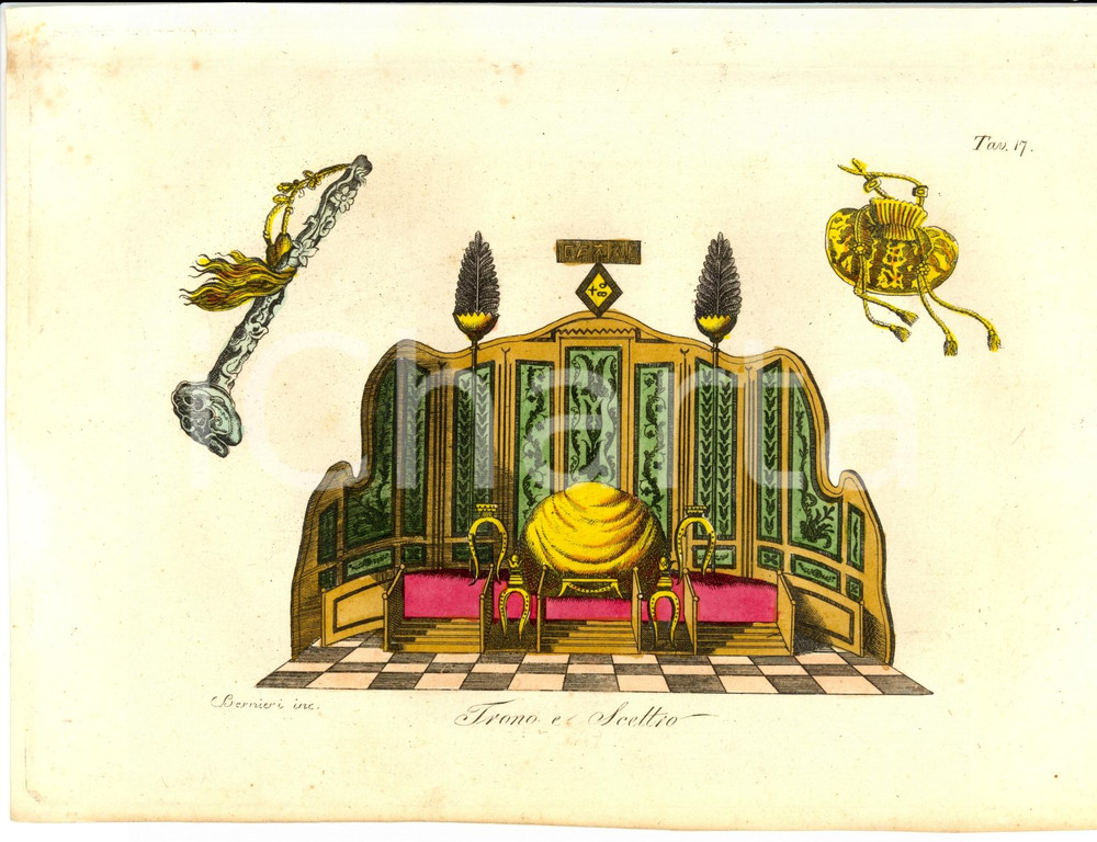 Stampa, bozzetto originale 1823 CINA Trono e scettro imperatore Inc. BERNIERI 1