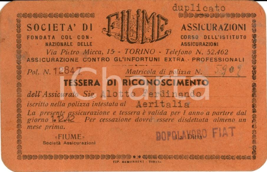 Oggetto da collezione cartaceo 1942 TORINO AERITALIA Ferdinando ALOTTO Assic. FIUME 1