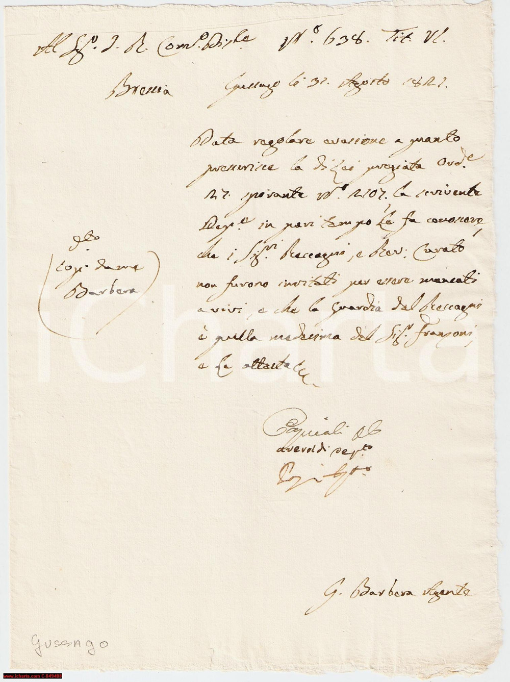 Documento originale, autentico 1822 GUSSAGO (BS) Lettera lapalissiana su alcuni defunti 1